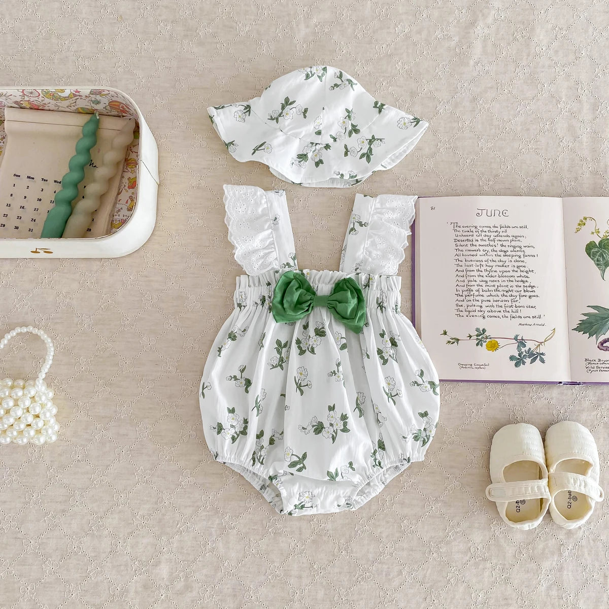 Body de Verão para Bebé Menina com Chapéu – Mangas de Renda, Estampado Floral e Laço
