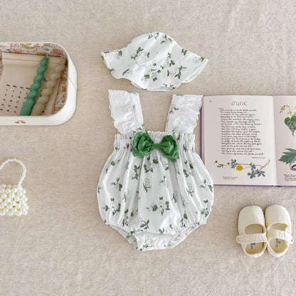 Body de Verão para Bebé Menina com Chapéu – Mangas de Renda, Estampado Floral e Laço