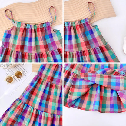 Vestido de Verão para Menina – Estilo Casual com Alças e Padrão aos Quadrados Coloridos
