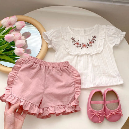 Conjunto de Verão para Menina – Blusa Bordada com Mangas Balão