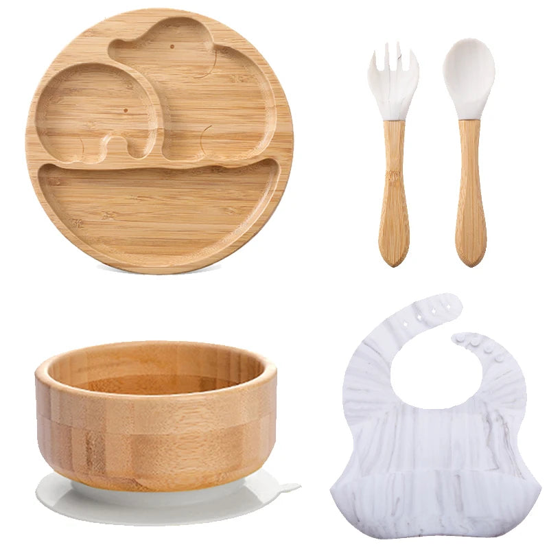 1pcs/3pcs Wooden Feeding Tableware Sets Baby Feeding Bowl Bamboo Non-slip Waterproof Fork Spoon for kids Baby Wooden Plate