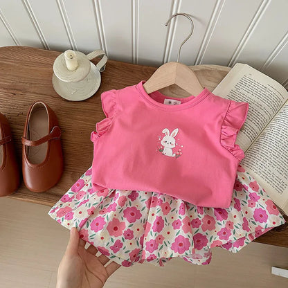 Conjunto Infantil de Verão - Top Sem Mangas com Estampado Floral e Calções