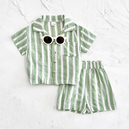 Conjunto de Verão para Bebé – Camisa com Gola e Calções às Riscas 2 Peças