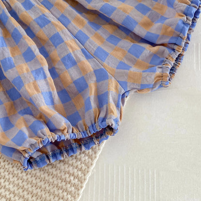 Conjunto de Verão para Bebé Menina – Top de Alças com Padrão aos Quadrados Lilás e Calções