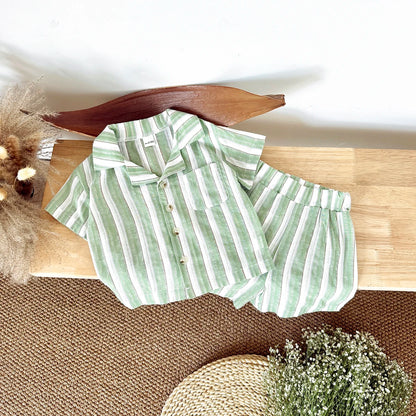 Conjunto de Verão para Bebé – Camisa com Gola e Calções às Riscas 2 Peças
