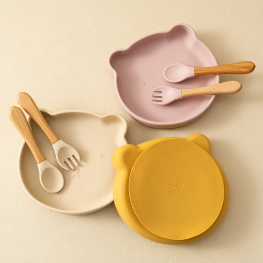 Conjunto de 3 Peças de Refeição em Silicone para Bebé – Taça com Ventosa, Prato e Colher