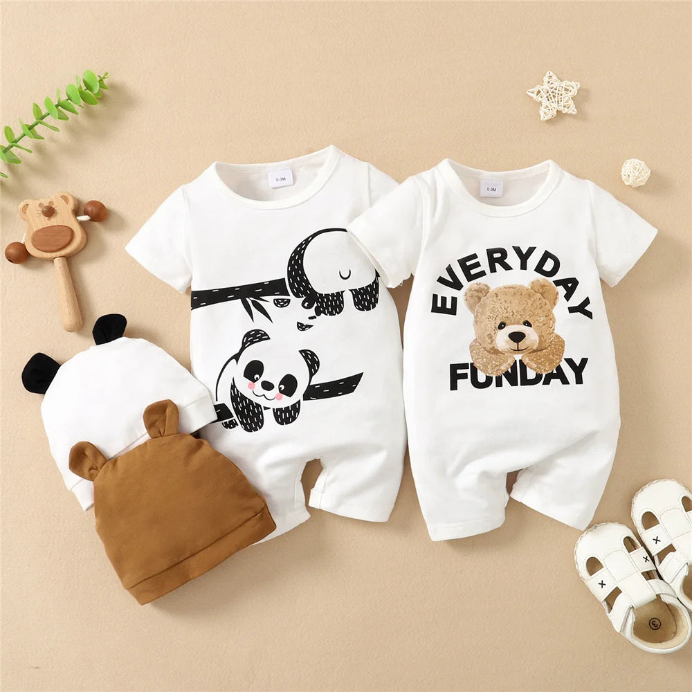 Conjunto de Verão para Bebé Menino Panda / Urso Body com Manga Curta e Chapéu