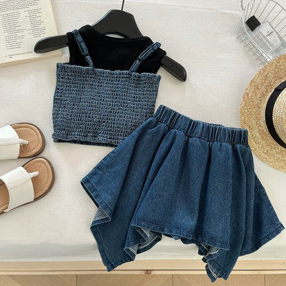 Conjunto 3 Peças para Menina – Colete em Ganga, T-shirt e Saia