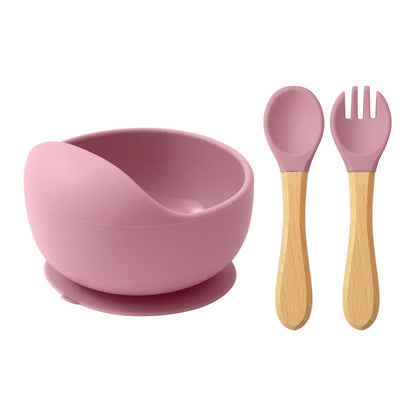 Conjunto de Alimentação em Silicone para Bebé - 3 Peças com Taça com Ventosa, Colher e Garfo com Cabo de Madeira