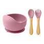 Conjunto de Alimentação em Silicone para Bebé - 3 Peças com Taça com Ventosa, Colher e Garfo com Cabo de Madeira
