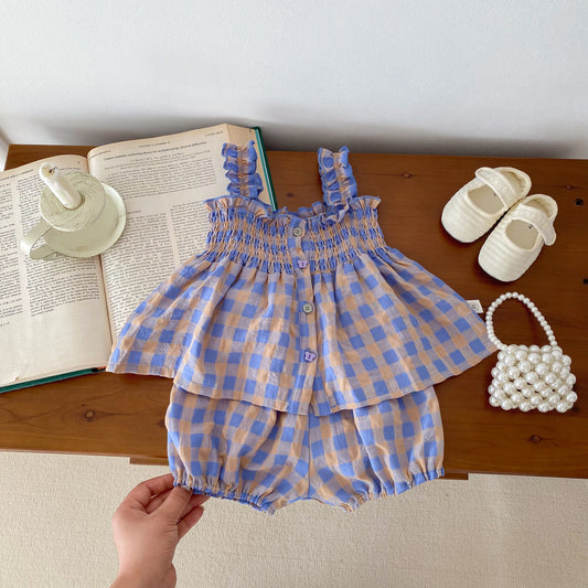 Conjunto de Verão para Bebé Menina – Top de Alças com Padrão aos Quadrados Lilás e Calções