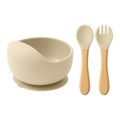 Conjunto de Alimentação em Silicone para Bebé - 3 Peças com Taça com Ventosa, Colher e Garfo com Cabo de Madeira