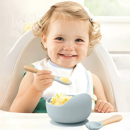 Conjunto de Alimentação em Silicone para Bebé - 3 Peças com Taça com Ventosa, Colher e Garfo com Cabo de Madeira