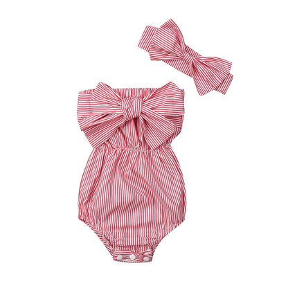 Conjunto de Verão para Bebé Menina – Fato Macaco sem Mangas com Padrão às Riscas e Faixa de Cabelo