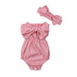 Conjunto de Verão para Bebé Menina – Fato Macaco sem Mangas com Padrão às Riscas e Faixa de Cabelo