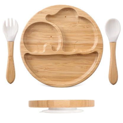 1pcs/3pcs Wooden Feeding Tableware Sets Baby Feeding Bowl Bamboo Non-slip Waterproof Fork Spoon for kids Baby Wooden Plate