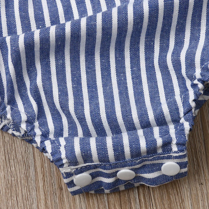 Conjunto de Verão para Bebé Menina – Fato Macaco sem Mangas com Padrão às Riscas e Faixa de Cabelo