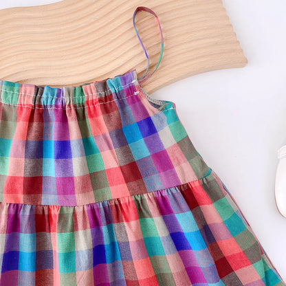 Vestido de Verão para Menina – Estilo Casual com Alças e Padrão aos Quadrados Coloridos