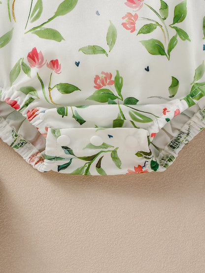 Conjunto de Verão 2 Peças para Bebé Menina – Fato-Macaco Floral e Faixa