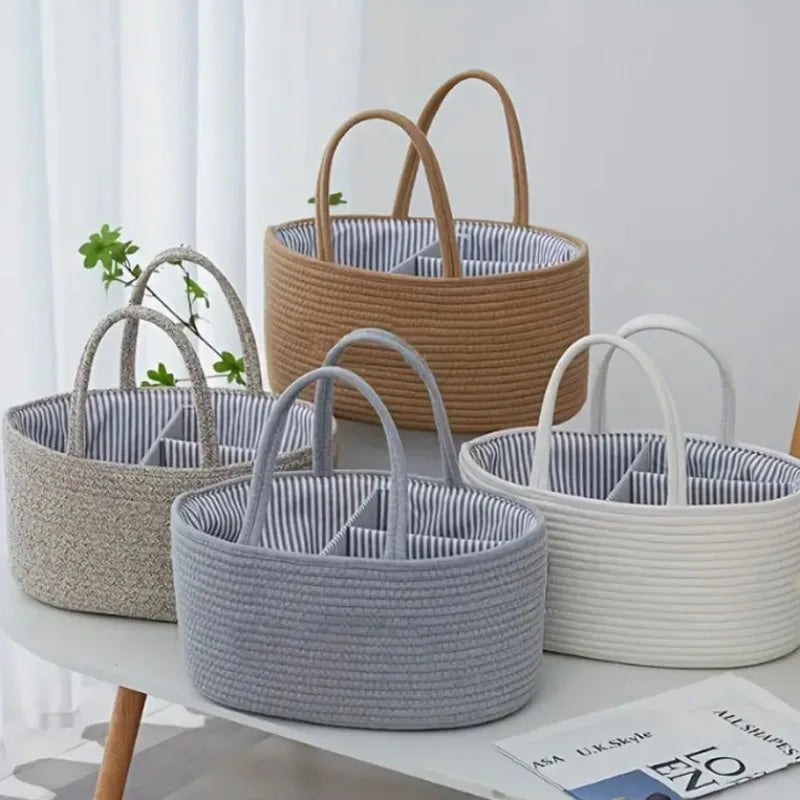Cesta de Armazenamento em Corda de Algodão com Alça – Design Tricotado com Franjas