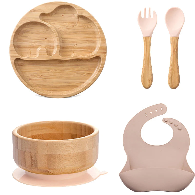 1pcs/3pcs Wooden Feeding Tableware Sets Baby Feeding Bowl Bamboo Non-slip Waterproof Fork Spoon for kids Baby Wooden Plate