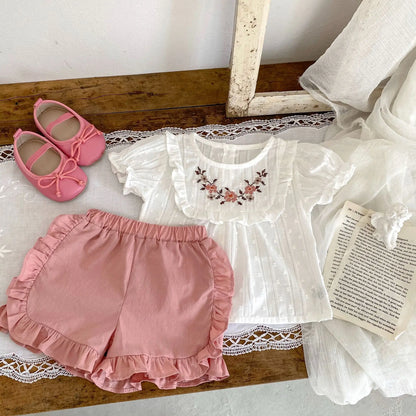 Conjunto de Verão para Menina – Blusa Bordada com Mangas Balão