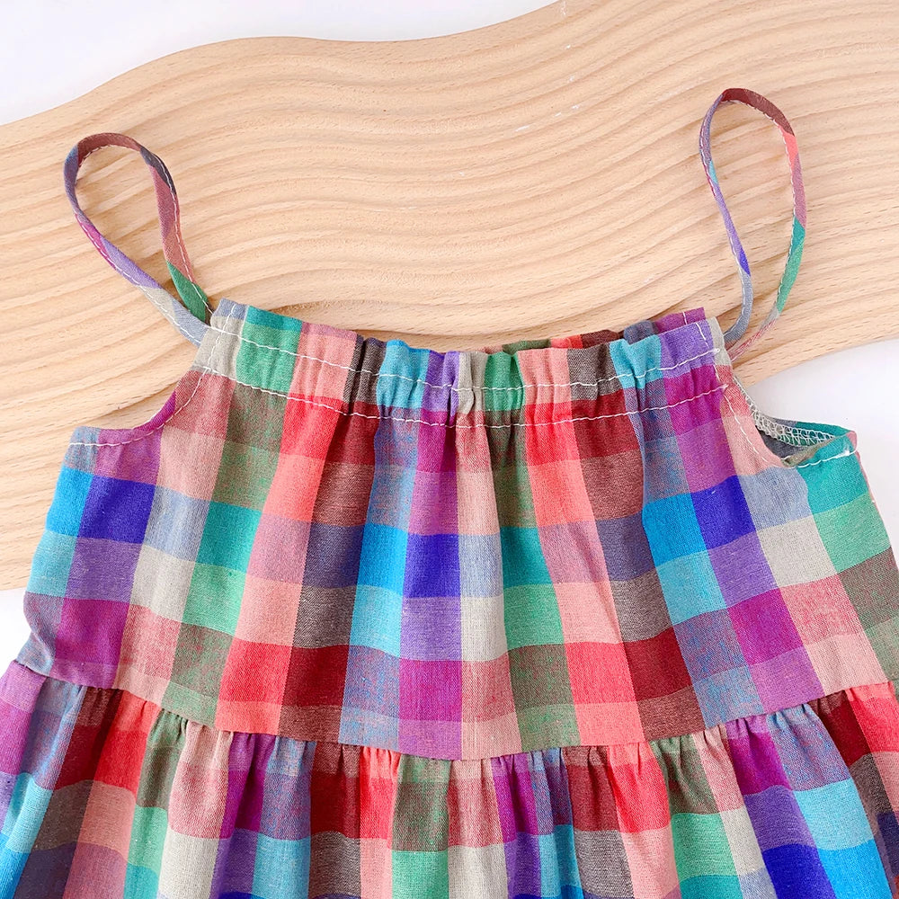 Vestido de Verão para Menina – Estilo Casual com Alças e Padrão aos Quadrados Coloridos