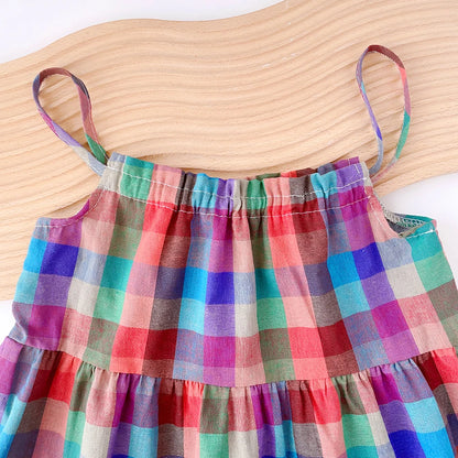 Vestido de Verão para Menina – Estilo Casual com Alças e Padrão aos Quadrados Coloridos