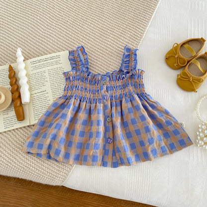 Conjunto de Verão para Bebé Menina – Top de Alças com Padrão aos Quadrados Lilás e Calções