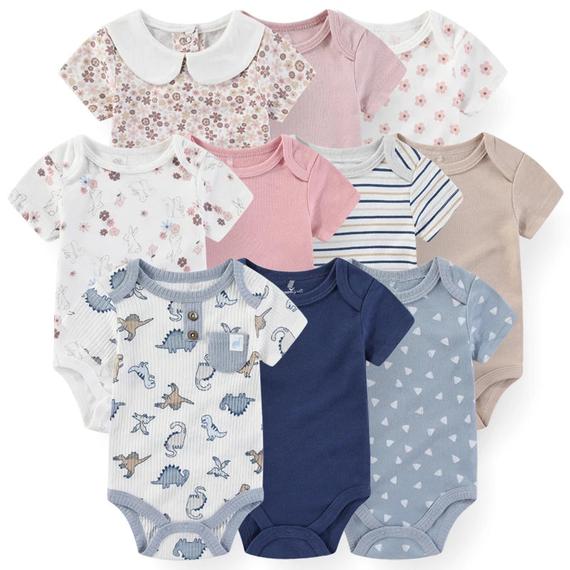 Conjunto de 4 ou 5 Bodys para Bebé - Manga Curta em Algodão Estampado