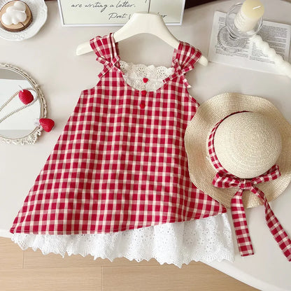 Vestido de Alças para Menina com Renda e Padrão aos Quadrados