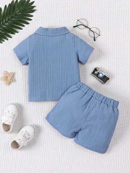 Conjunto de Verão para Menino - Camisa de Manga Curta e Calções em Tecido Jacquard