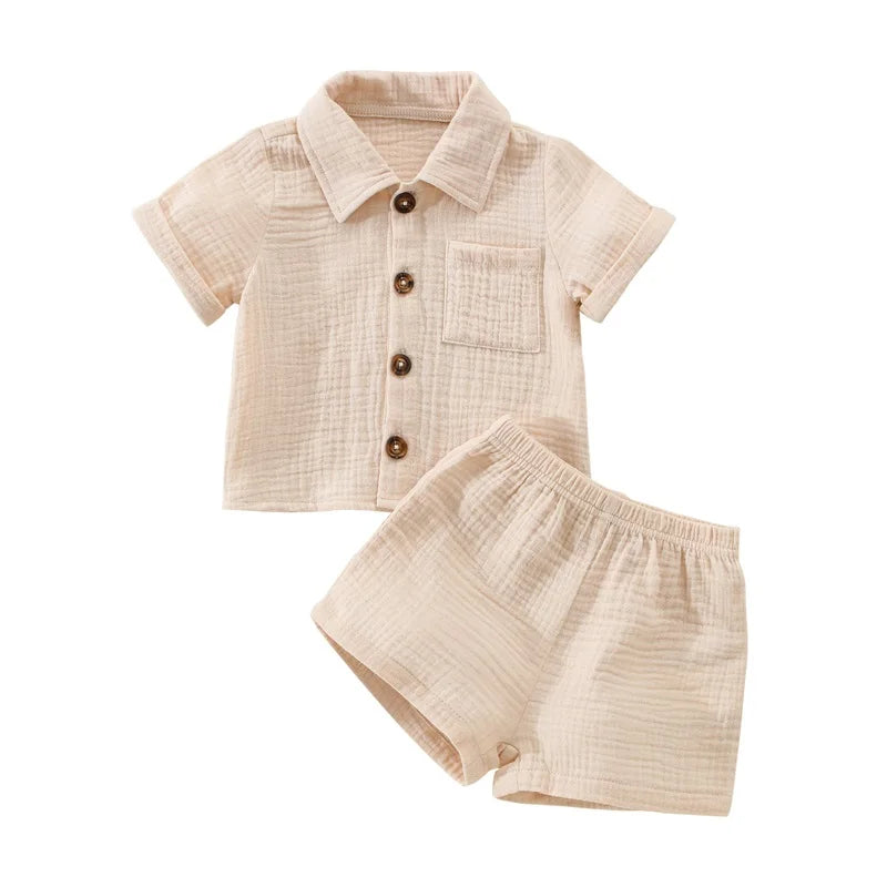 Conjunto Verão 2 Peças para Bebé Menino – Camisa Manga Curta com Bolsos e Calções