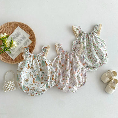 Macacão de Verão para Bebé Menina - Estampado Floral com Coelhinho