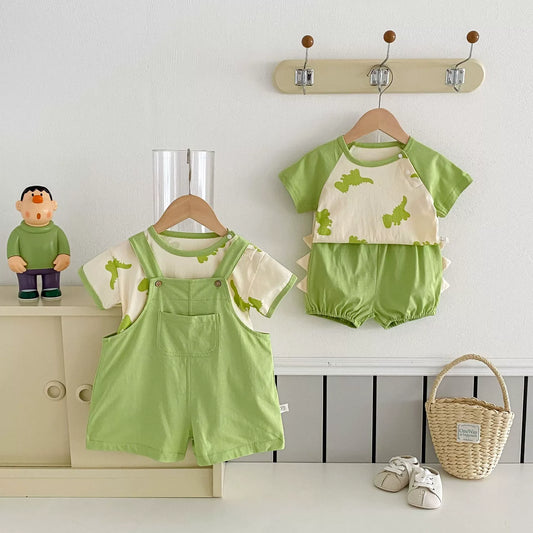 Conjunto de Verão - Camisola com Dinossauro e Calções com Alças
