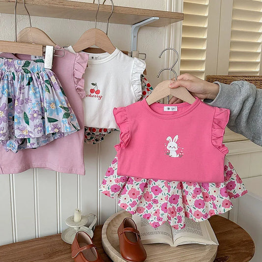 Conjunto Infantil de Verão - Top Sem Mangas com Estampado Floral e Calções