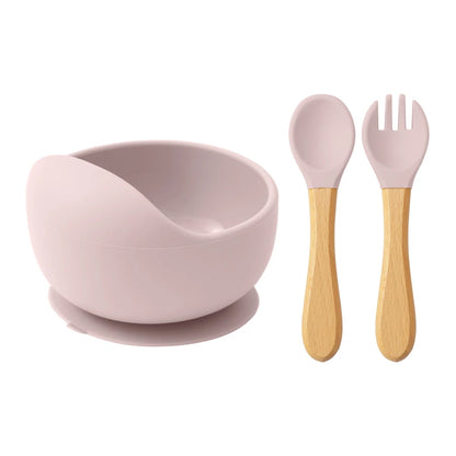Conjunto de Alimentação em Silicone para Bebé - 3 Peças com Taça com Ventosa, Colher e Garfo com Cabo de Madeira
