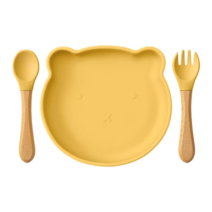 Conjunto de 3 Peças de Refeição em Silicone para Bebé – Taça com Ventosa, Prato e Colher