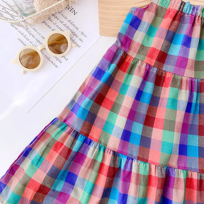 Vestido de Verão para Menina – Estilo Casual com Alças e Padrão aos Quadrados Coloridos