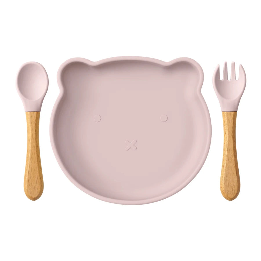Conjunto de 3 Peças de Refeição em Silicone para Bebé – Taça com Ventosa, Prato e Colher