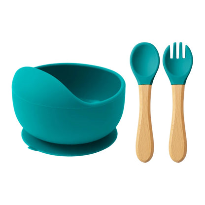 Conjunto de Alimentação em Silicone para Bebé - 3 Peças com Taça com Ventosa, Colher e Garfo com Cabo de Madeira