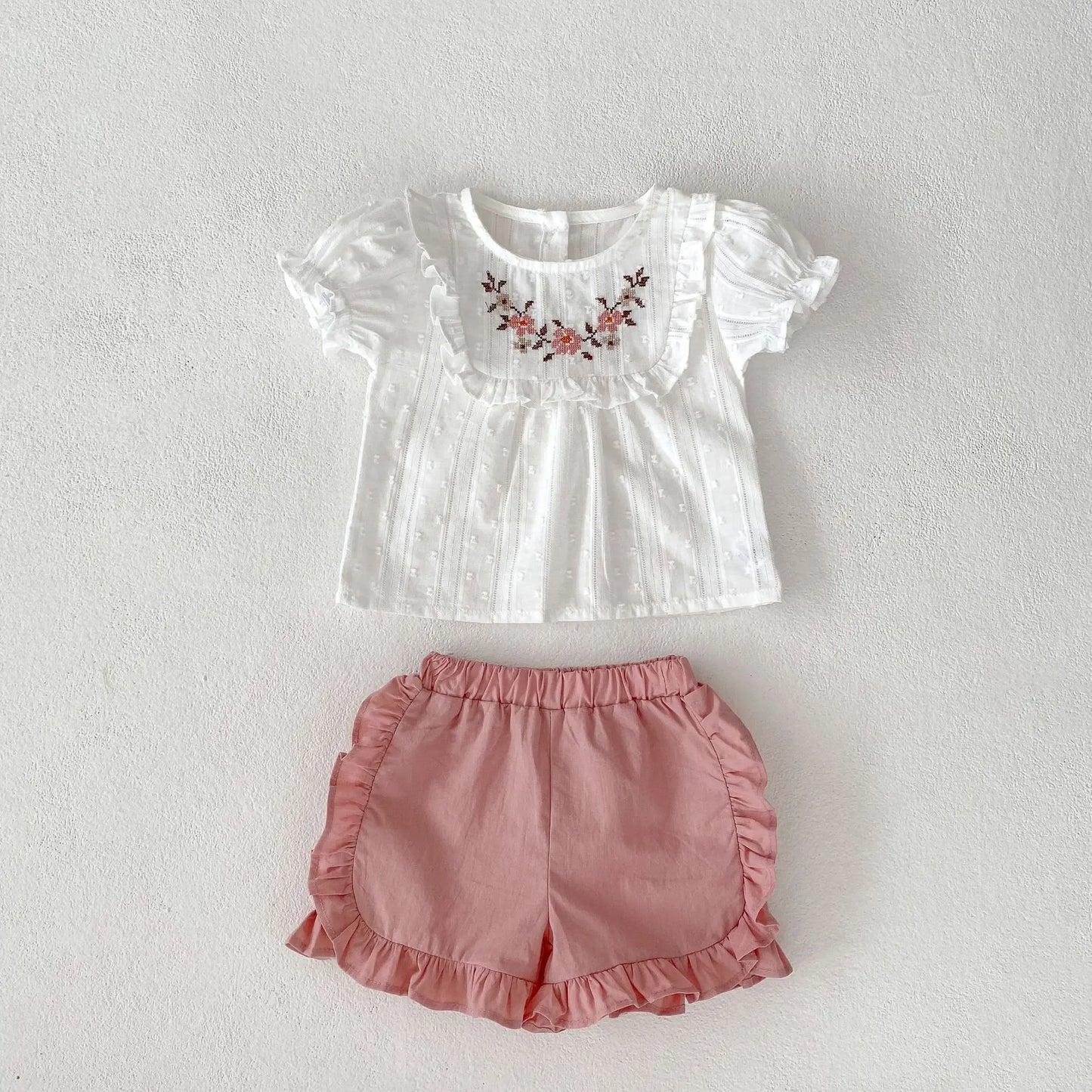 Conjunto de Verão para Menina – Blusa Bordada com Mangas Balão