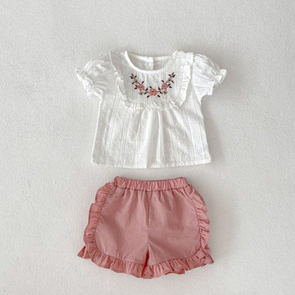 Conjunto de Verão para Menina – Blusa Bordada com Mangas Balão