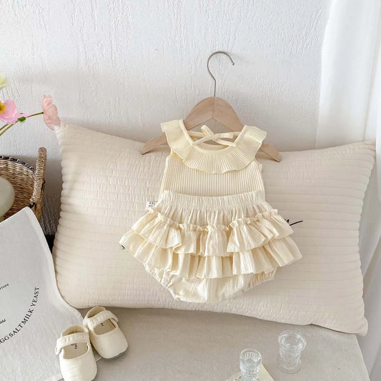 Conjunto de Verão para Bebé Menina – Blusa sem Mangas com Folhos e Saia-Calção