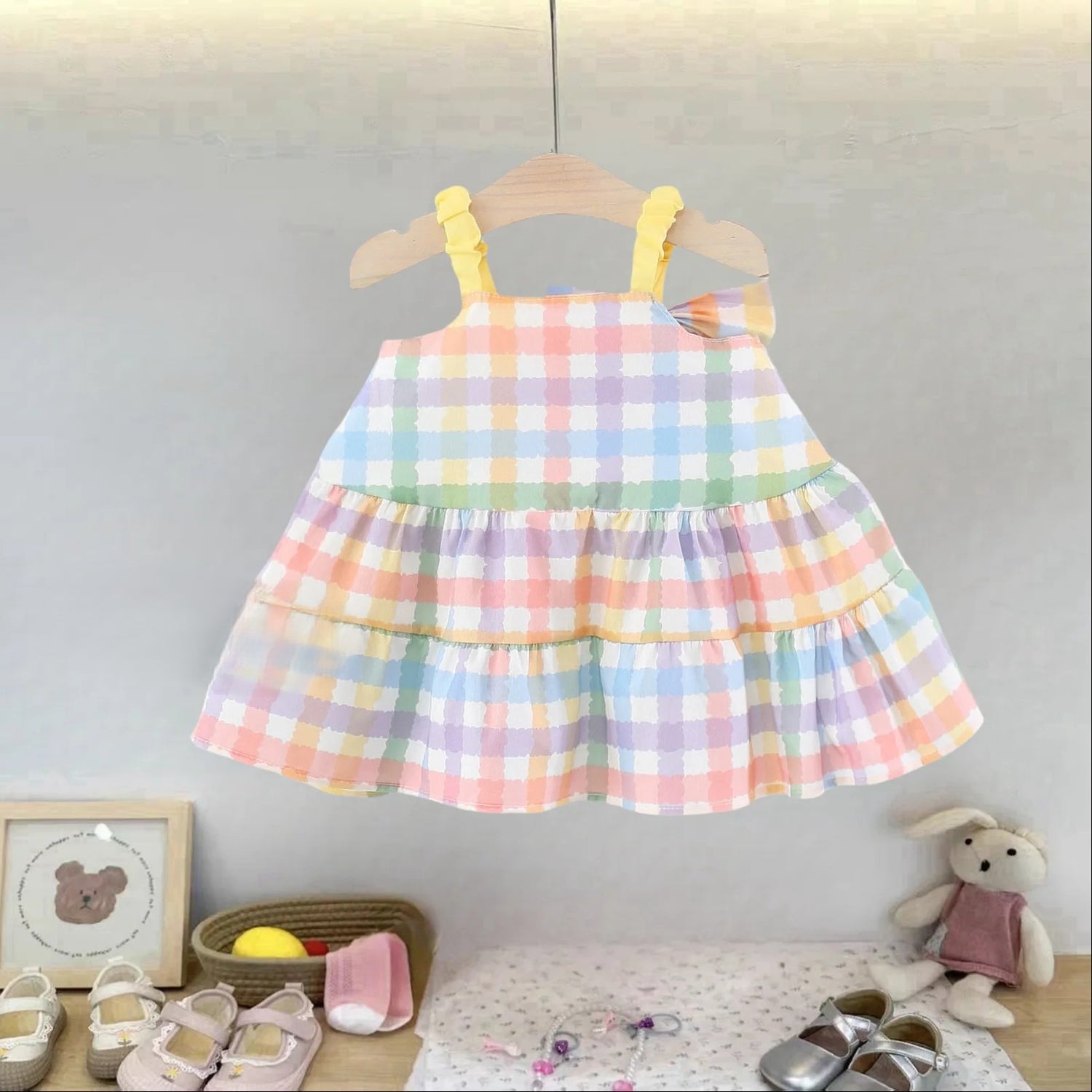 Vestido de Verão em Algodão para Menina – Padrão de Bolinhas Coloridas ou Xadrez com Laço