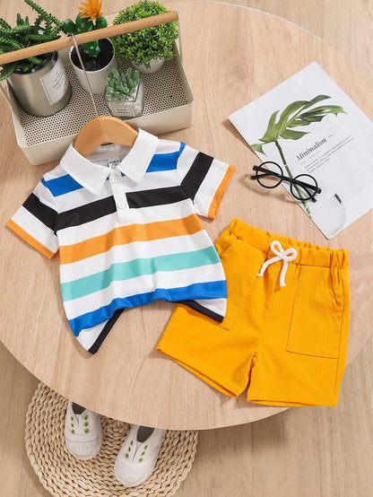 Conjunto Casual de Verão para Menino – Camisa às Riscas com Gola Lapela e Calções
