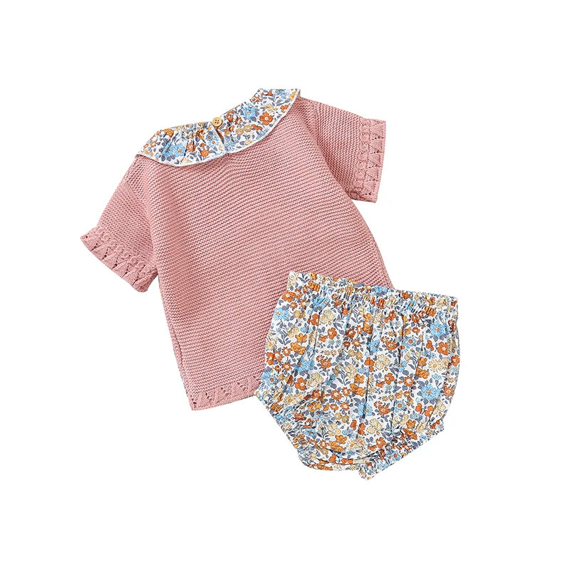 Conjunto de Verão para Bebé Menina Casual de Manga Curta com Calções Florais