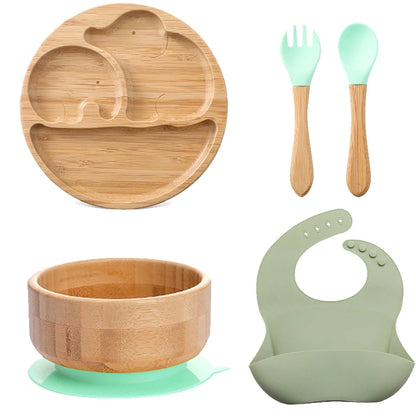 1pcs/3pcs Wooden Feeding Tableware Sets Baby Feeding Bowl Bamboo Non-slip Waterproof Fork Spoon for kids Baby Wooden Plate
