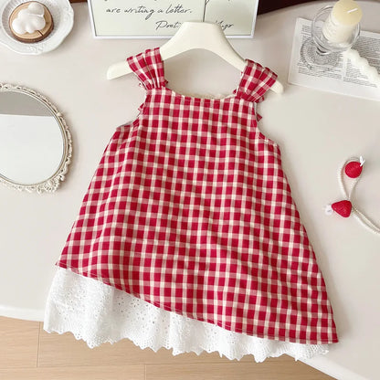 Vestido de Alças para Menina com Renda e Padrão aos Quadrados