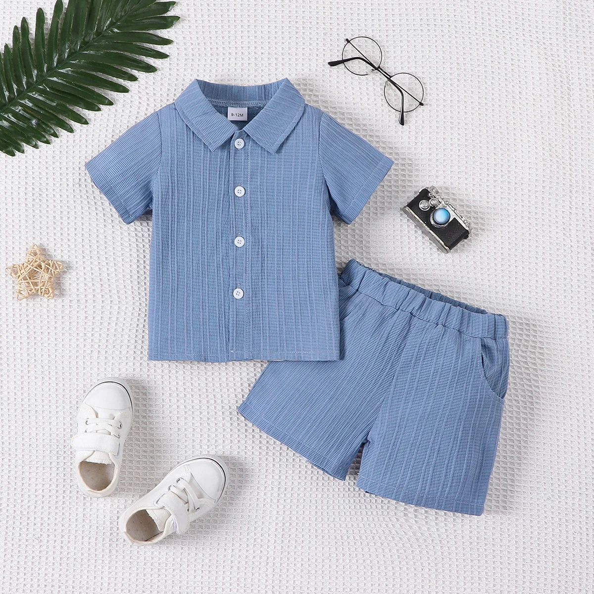 Conjunto de Verão para Menino - Camisa de Manga Curta e Calções em Tecido Jacquard
